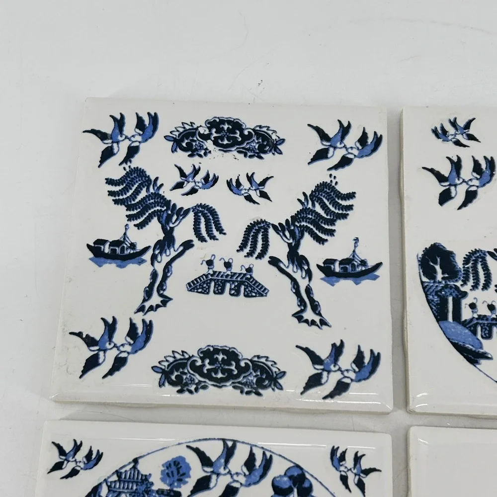 Vintage Blue Willow Ceramic Tiles Set of 4 Pagoda Scene Blue White 4.25 Inch